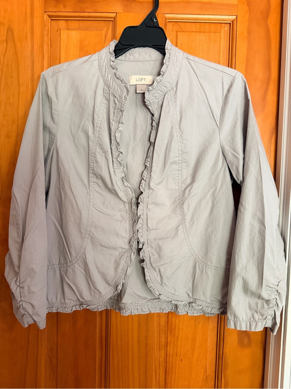 LOFT Light Gray Ruffle-Trim Open Front Jacket